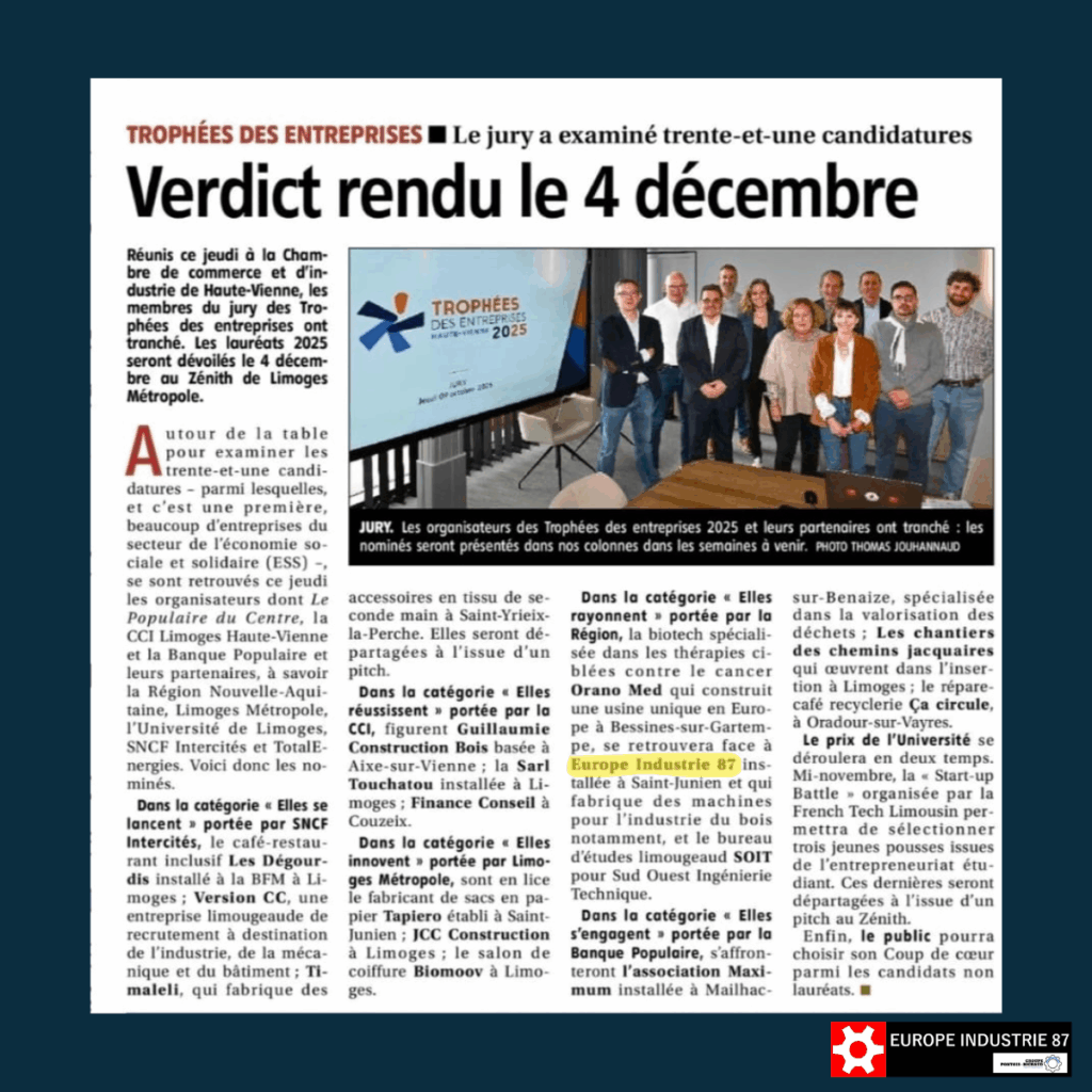 🏆 Europe Industrie 87 sélectionnée pour les Trophées des Entreprises de la Haute-Vienne 2025