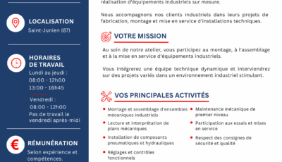 OFFRE D'EMPLOI – MÉCANICIEN MONTEUR INDUSTRIEL H/F 